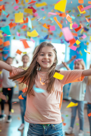 Caucasian girl smiling happily at classroom party.の素材