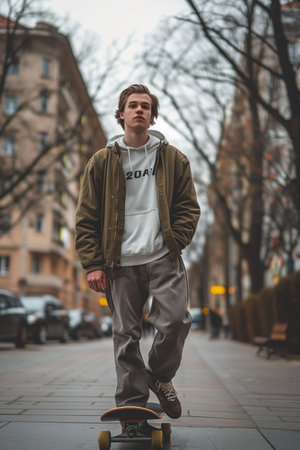 Caucasian man walking in the city with his skateboard.の素材