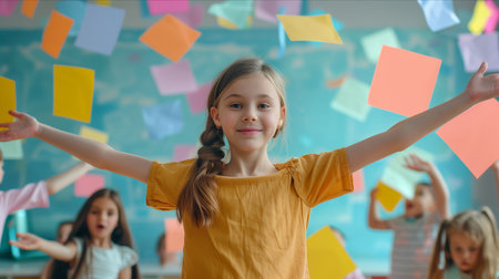 Caucasian girl smiling happily at classroom party.の素材