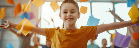 Caucasian girl smiling happily at classroom party.の素材