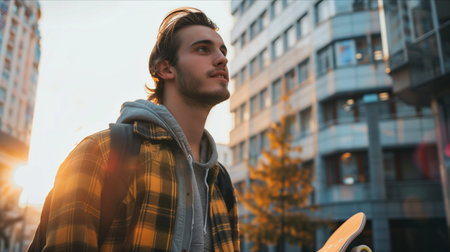 Caucasian man walking in the city with his skateboard.の素材