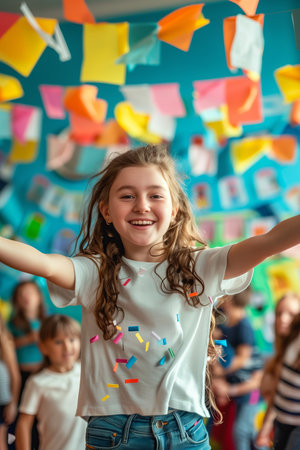 Caucasian girl smiling happily at classroom party.の素材