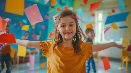 Caucasian girl smiling happily at classroom party.の素材