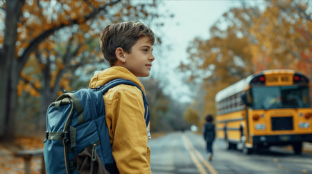 A Caucasian male schoolboy carrying a backpack is traveling on a school bus.の素材