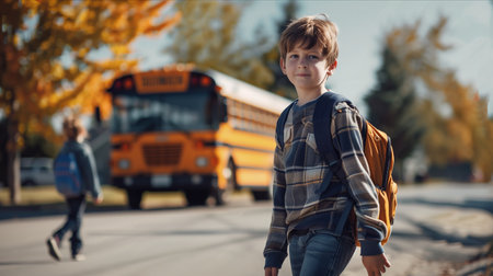 A Caucasian male schoolboy carrying a backpack is traveling on a school bus.の素材