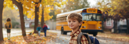 A Caucasian male schoolboy carrying a backpack is traveling on a school bus.の素材