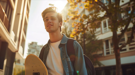 Caucasian man walking in the city with his skateboard.の素材