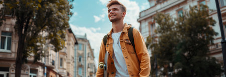 Caucasian man walking in the city with his skateboard.の素材