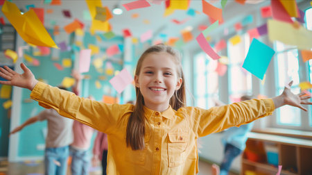 Caucasian girl smiling happily at classroom party.の素材