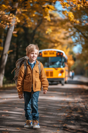 A Caucasian male schoolboy carrying a backpack is traveling on a school bus.の素材