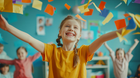Caucasian girl smiling happily at classroom party.の素材