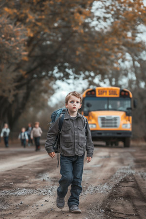 A Caucasian male schoolboy carrying a backpack is traveling on a school bus.の素材