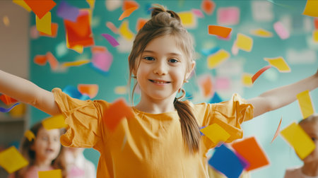 Caucasian girl smiling happily at classroom party.の素材