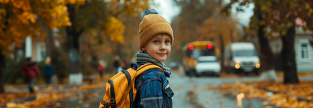 A Caucasian male schoolboy carrying a backpack is traveling on a school bus.の素材
