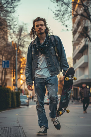 Caucasian man walking in the city with his skateboard.の素材