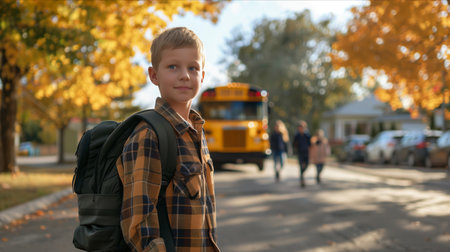 A Caucasian male schoolboy carrying a backpack is traveling on a school bus.の素材