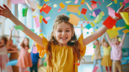 Caucasian girl smiling happily at classroom party.の素材
