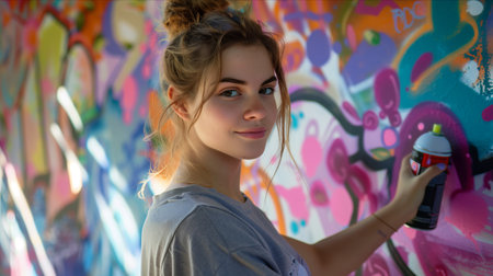 Caucasian female artist spray paints wall art, graffiti.の素材