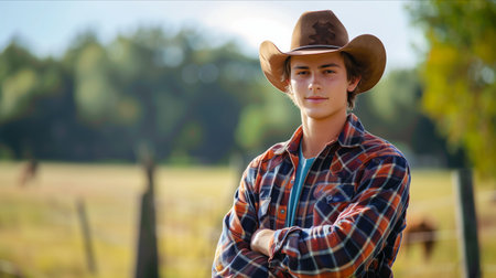 Caucasian man with confident arms crossed on outdoor horse farm.の素材