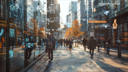 Selective focus of ar glasses view, city street with program command buttons and text floating in the air.の素材