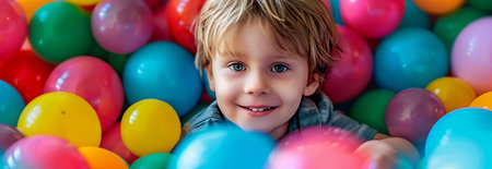 Caucasian boy in a pile of colorful plastic balls.の素材