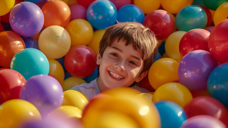 Caucasian boy in a pile of colorful plastic balls.の素材