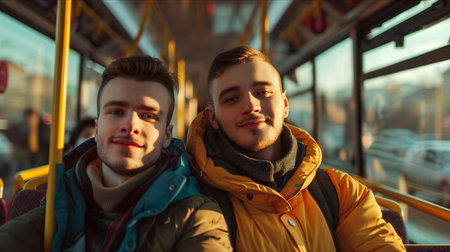Caucasian people traveling on a bus.の素材