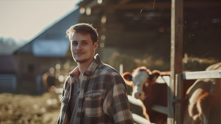 Caucasian man is working on a cattle farm.の素材
