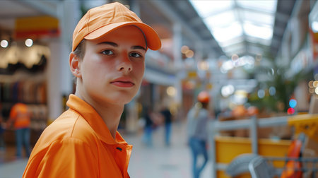Caucasian male cleaning worker Working in a department store.の素材