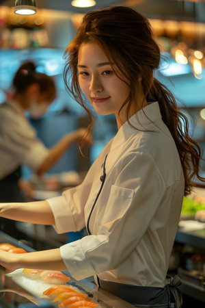 Selective focus of Asian female chef Making sushi at the bar in a Japanese restaurant.の素材