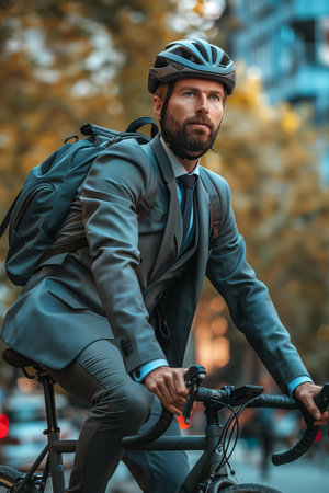Selective focus of Male businessman riding a bicycle in the city.の素材