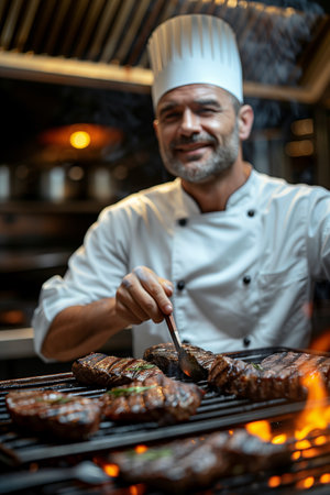 Selective focus of Caucasian male chef grilling steak on the grill at the bar in the restaurant.の素材