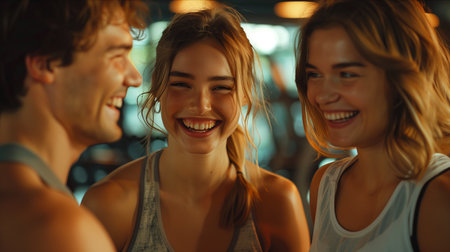Group of Caucasian exercisers laughing cheerfully inside the gym.の素材