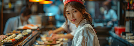 Selective focus of Asian female chef Making sushi at the bar in a Japanese restaurant.の素材