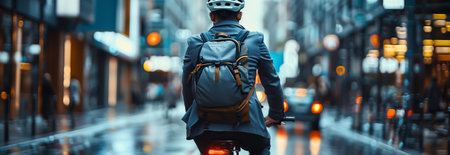 Selective focus of Male businessman riding a bicycle in the city.の素材