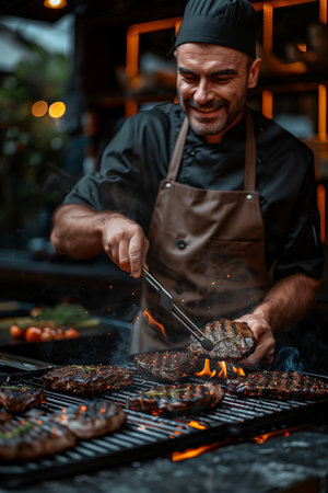 Selective focus of Caucasian male chef grilling steak on the grill at the bar in the restaurant.の素材