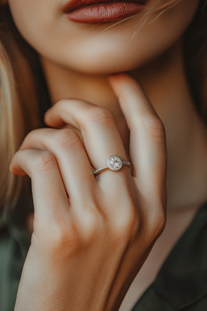 Close-up of a diamond ring on a woman's ring finger.の素材