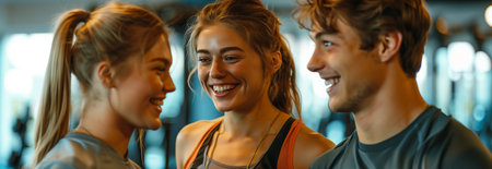 Group of Caucasian exercisers laughing cheerfully inside the gym.の素材