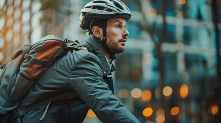 Selective focus of Male businessman riding a bicycle in the city.の素材