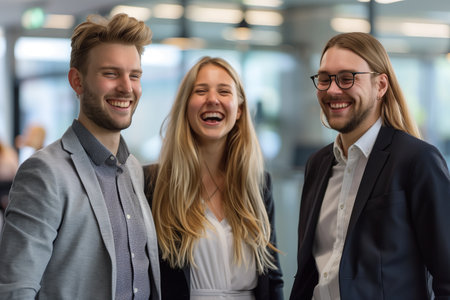 Caucasian business man and woman are laughing and talking together in the office.の素材