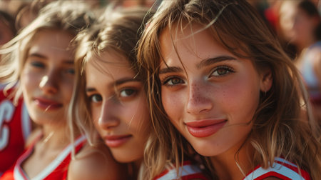 Caucasian female cheerleading team looking at camera with confidence.の素材