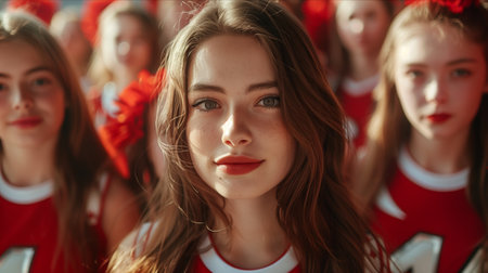 Caucasian female cheerleading team looking at camera with confidence.の素材