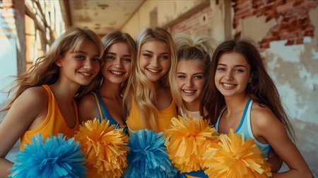 Caucasian female cheerleading team looking at camera with confidence.の素材