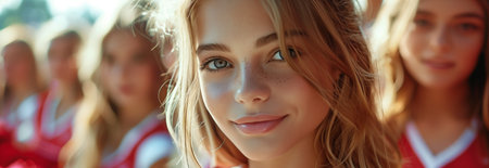 Caucasian female cheerleading team looking at camera with confidence.の素材