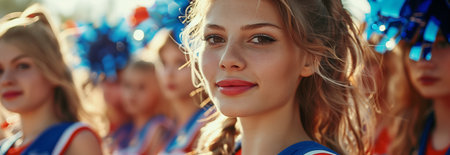 Caucasian female cheerleading team looking at camera with confidence.の素材
