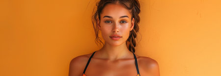 Caucasian woman in sports bra on orange background.の素材