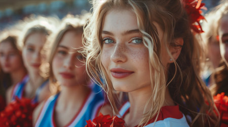 Caucasian female cheerleading team looking at camera with confidence.の素材