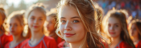 Caucasian female cheerleading team looking at camera with confidence.の素材