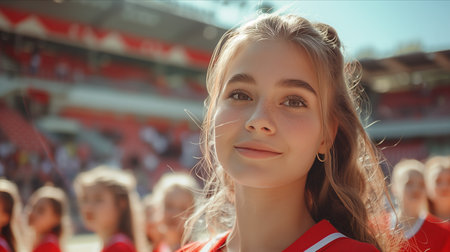 Caucasian female cheerleading team looking at camera with confidence.の素材