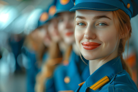 Group of Caucasian female stewardesses in uniform dragging suitcases in the airport.の素材